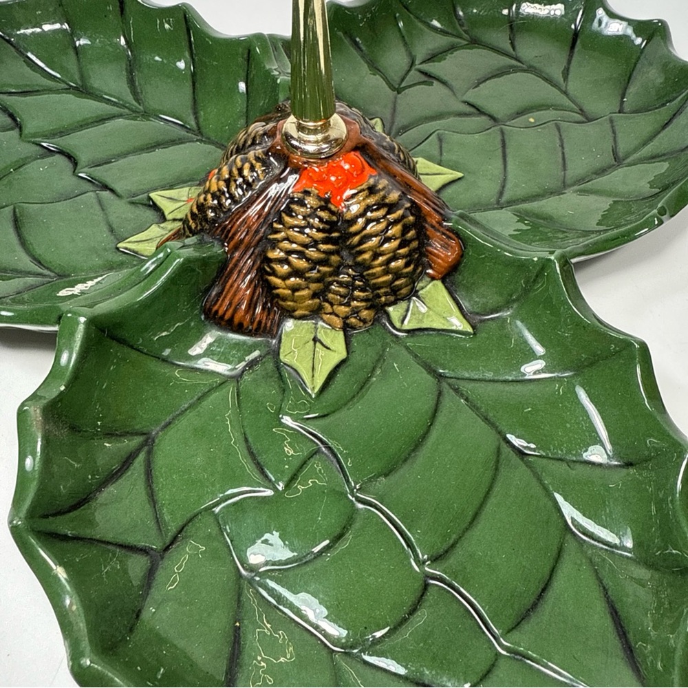 Holly Leaf Design Green Serveware Tray 3 compartment holiday Christmas dish - Picture 8 of 11